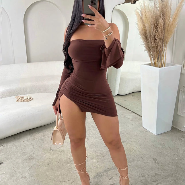 Women's Strapless Backless Mini Dress for Women Black Off Shoulder Long Sleeve Club Bodycon Party Dresses