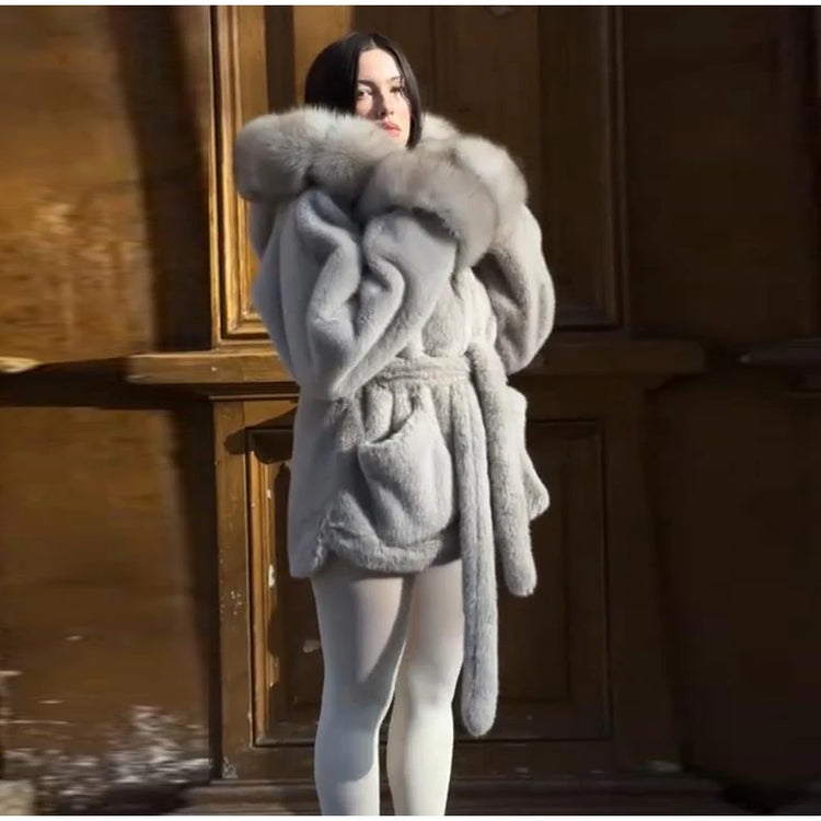 Hoody Faux Fur Furry Coats Women Fashion Belt Long Sleeve Pocket Thicken Warm Jacket 2026 Autumn Winter Urban Lady Streetwears