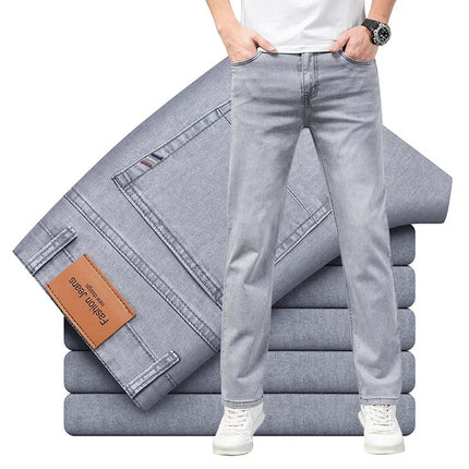 Summer Thin Men's Elastic Cotton Jeans Fashion Gray Comfortable Business Straight Casual Pants Brand Male Clothes Trousers PlatiNum