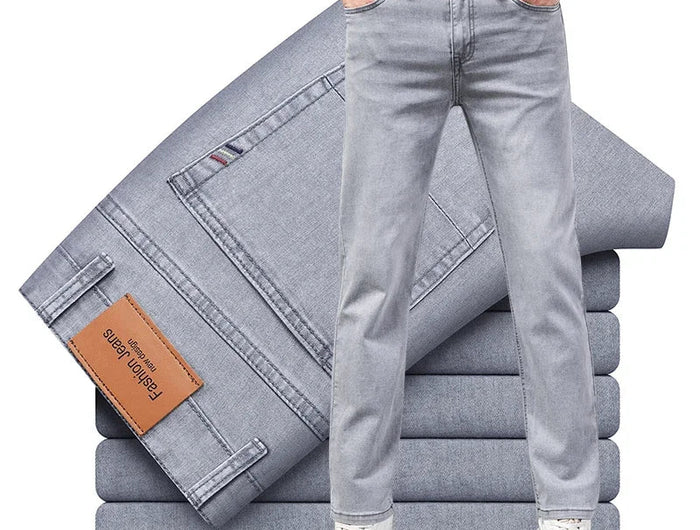 Summer Thin Men's Elastic Cotton Jeans Fashion Gray Comfortable Business Straight Casual Pants Brand Male Clothes Trousers PlatiNum