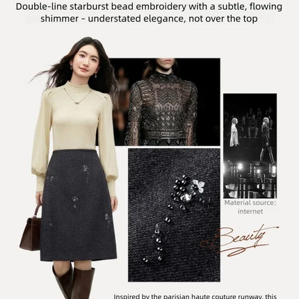 SENTUBILA Women's Straight Skirt 2025 Office Lady Wool Blend Sequin Beading Mid Length Skirt Winter Clothing for Women 154QF6318 PlatiNum