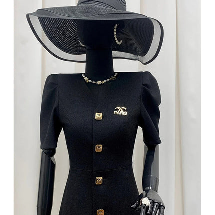Women's Lautaro Spring-Summer Black Slim Elegant Dresses, V-Neck with Puff Short Sleeves and Buttons, Chic Luxury Designer Clothing