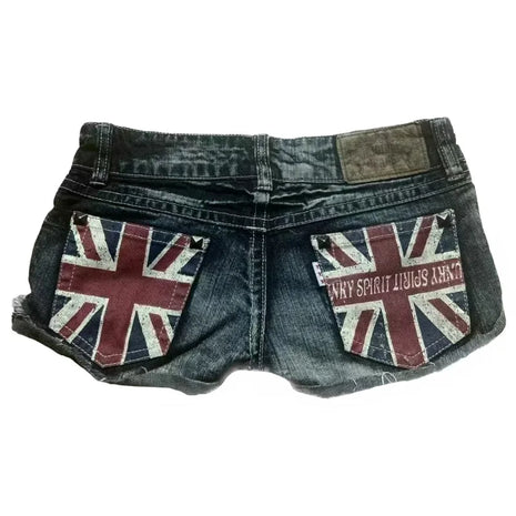 Y2K Bandiera Stampa grafica Moda Stile britannico Mini pantaloncini Harajuku Tasca Pantaloncini di jeans Donna Goth Slim Pantaloni corti sexy a vita bassa