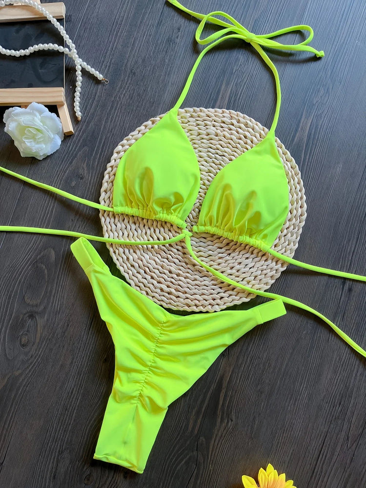 Set Bikini Triangolo Sexy Micro Perizoma Donna, Costume da Bagno Stampa Bandage, Abbigliamento da Spiaggia platinumshop