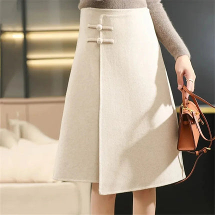 Winter Woolen Midi Irregular Split Skirt Red Elegant High Waisted Buckle Basic Wool Skirts Female Casual Thick Warm A-Line Skirt PlatiNum