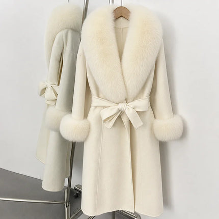 TARUXY Women Luxurious Faux Fox Fur Collar Long Jacket Elegant Solid Long-Sleeved Loose Lace Up Street Warm Coat 2026 Winter New
