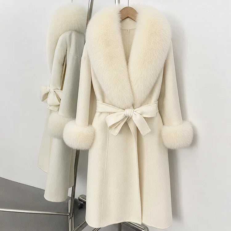 TARUXY Women Luxurious Faux Fox Fur Collar Long Jacket Elegant Solid Long-Sleeved Loose Lace Up Street Warm Coat 2026 Winter New