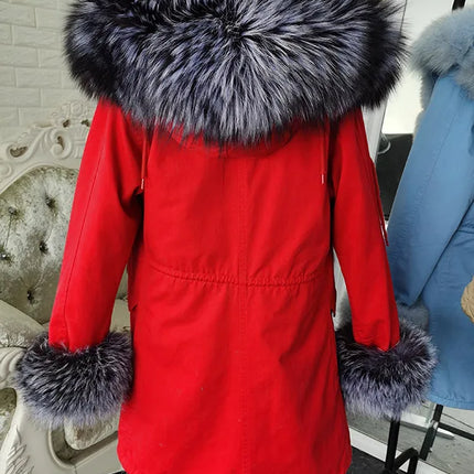 Winter Long Jacket Real Fur Coat Women Clothes Large Silver Fox Fur Collar Detachable Natural Fox Lining Parkas Leather Fur