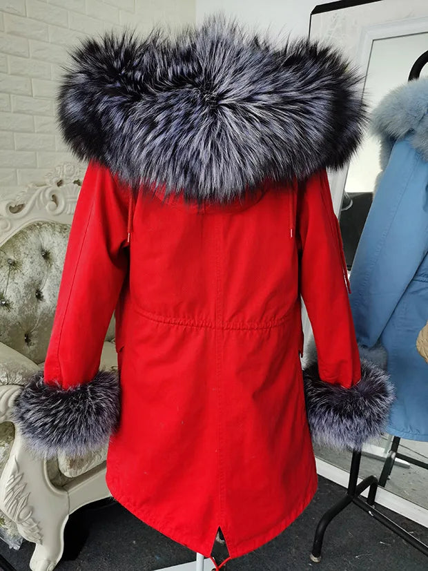 Winter Long Jacket Real Fur Coat Women Clothes Large Silver Fox Fur Collar Detachable Natural Fox Lining Parkas Leather Fur