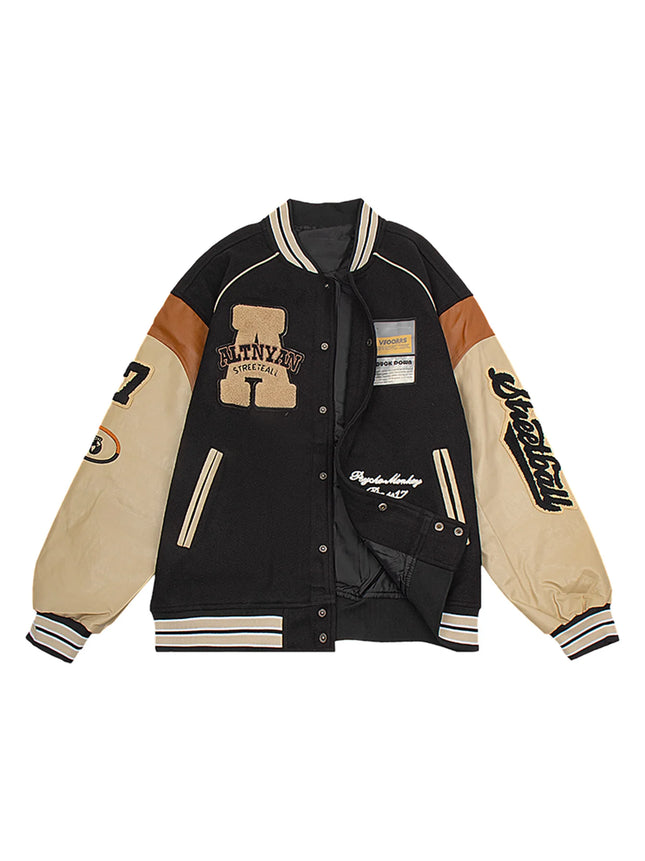 Men's Plus Size Varsity Jacket Casual Vintage Baseball Coat Letterman Motorcycle Streetswear with Faux Leather Sleeves