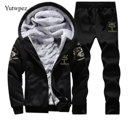 M-6XL Men's Winter 2 Piece Tracksuit Set, Thickened Warm Hooded Coat & Sweater, Outdoor Hiking Cycling Camping Running Outerwear