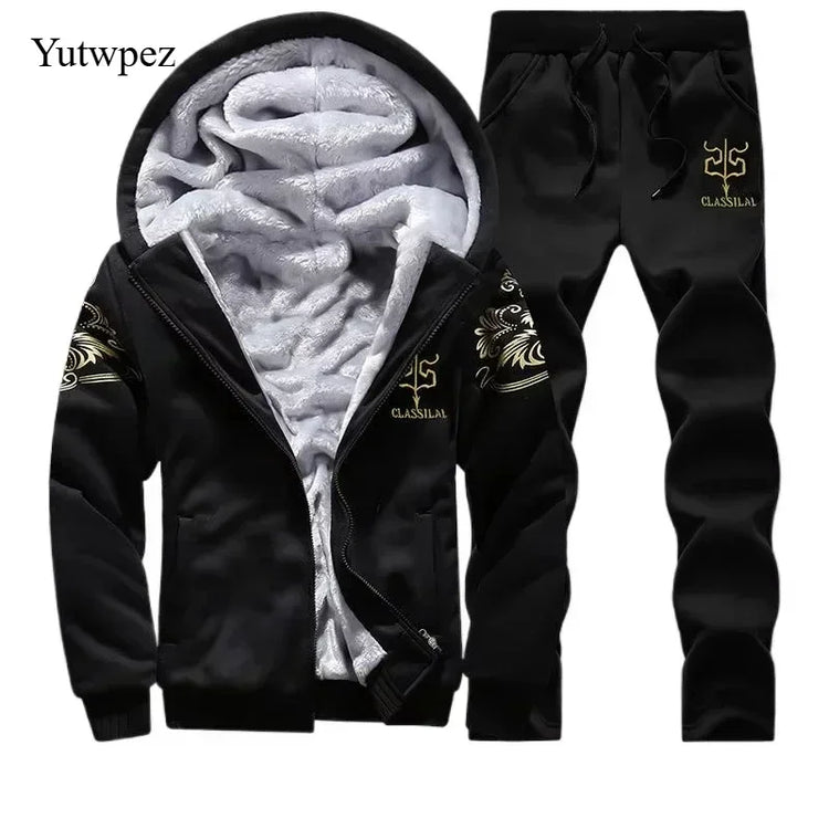 M-6XL Men's Winter 2 Piece Tracksuit Set, Thickened Warm Hooded Coat & Sweater, Outdoor Hiking Cycling Camping Running Outerwear