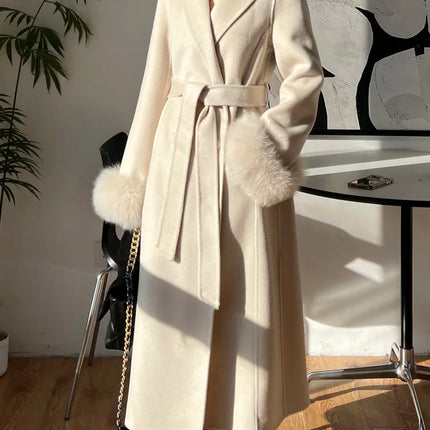 Autumn Winter Korean High-end Real Fox Fur Sleeves Women Black Slim Fit Waist Cinched Double-sided Wool Coat Long Woolen Coat