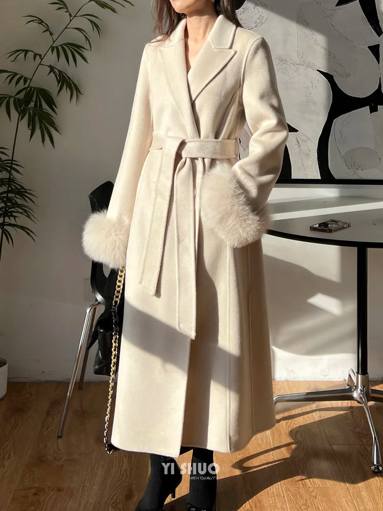 Autumn Winter Korean High-end Real Fox Fur Sleeves Women Black Slim Fit Waist Cinched Double-sided Wool Coat Long Woolen Coat