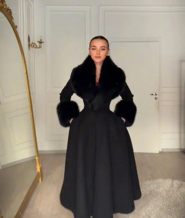 Women Elegant Long Wool Blend Coat Faux Fur Big Collar Cuff Cinched Waist Flare A‑line Maxi Coat Retro Party Outerwear Overcoat