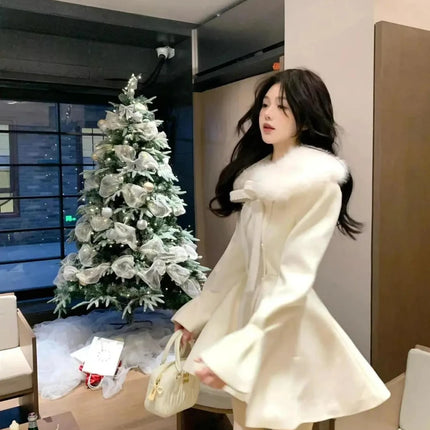 Christmas Lolita Kawaii Long Sleeve Long Blend Women Casual Pure Color Coat Sweet Anime Button Patchwork Bows 2025 Autumn