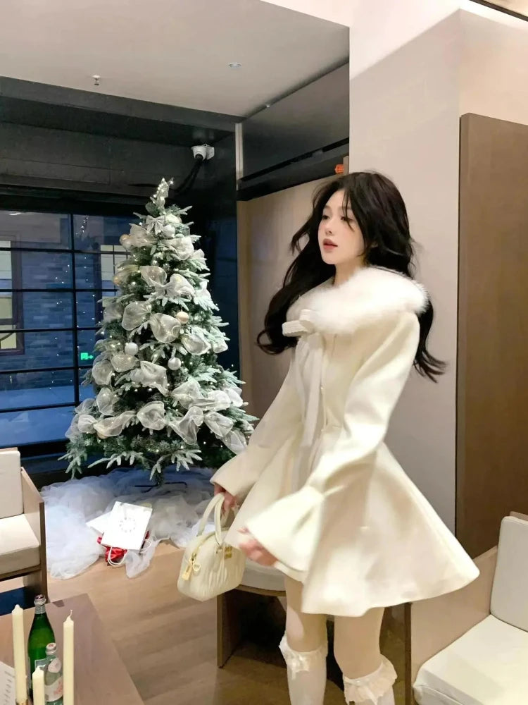 Christmas Lolita Kawaii Long Sleeve Long Blend Women Casual Pure Color Coat Sweet Anime Button Patchwork Bows 2025 Autumn
