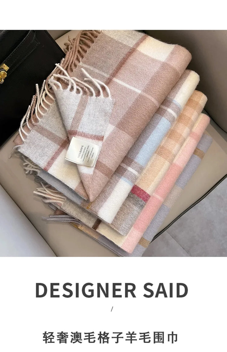 High Quality 100% Pure Wool Scarf Women Classic Chic  Autumn Winter Colorful Plaid Tassel Warm Muffler Female Thermal Shawl Lady