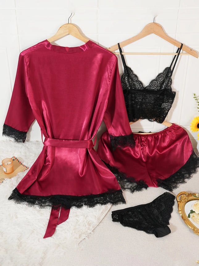 4 Piece Women's Satin Pajama Set Robe Lace Lingerie Sexy Silk Sleepwear Loungewear