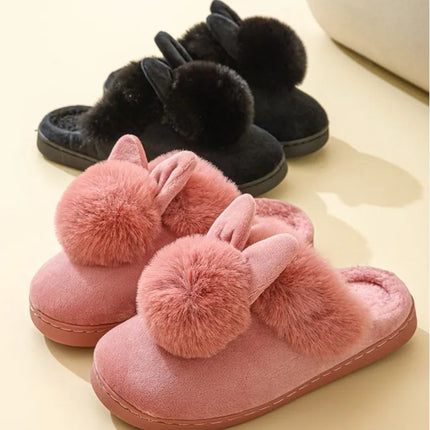 Thick Sole Winter Plush Slippers Cozy Faux Rabbit Fur Indoor House Shoes for Women & Men Couple Matching Slides with Closed Back