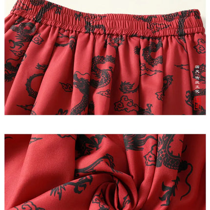 Pantaloni Lanterna da Uomo Stile Cinese Retrò Drago Rosso Casual Comodi Pantaloni Harun Moda Maschile Larghi a Gamba Larga Streetwear