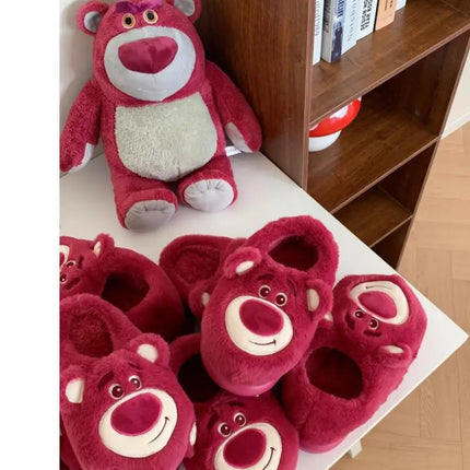 Fashion Strawberry Bear Girl Plush Cotton Slippers for Winter Warmth Indoor with Soft Plush Leisure Cotton Slippers Gifts