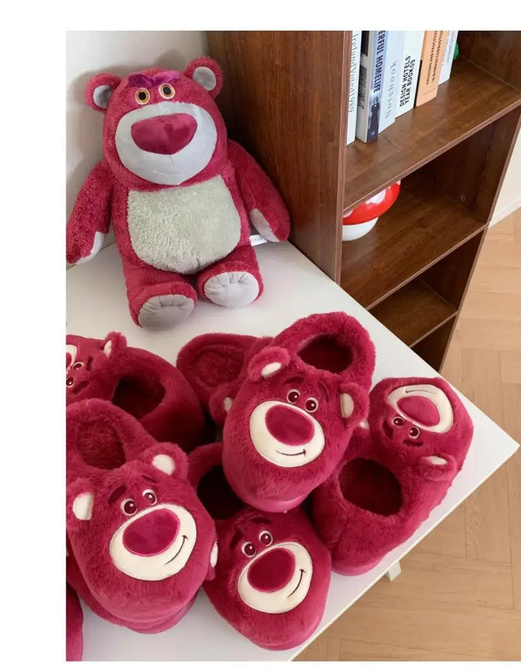 Fashion Strawberry Bear Girl Plush Cotton Slippers for Winter Warmth Indoor with Soft Plush Leisure Cotton Slippers Gifts