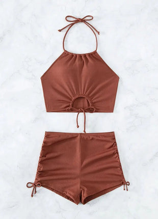 Bikini sexy a vita alta con lacci, set due pezzi da donna, costume da bagno sdoppiato, bikini da spiaggia, nuovo, per tutte le stagioni, tinta unita, senza schienale PlatiNum