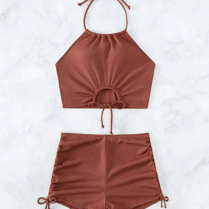Bikini sexy a vita alta con lacci, set due pezzi da donna, costume da bagno sdoppiato, bikini da spiaggia, nuovo, per tutte le stagioni, tinta unita, senza schienale PlatiNum