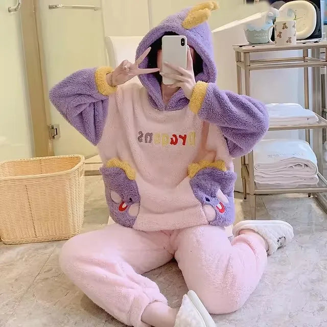 2024 New Plush Pajamas Set for Women Thick Hooded Women 2 Piece Clothes Set Cute Rabbit Women Pyjamas Coral Fleece Warm Homewear
