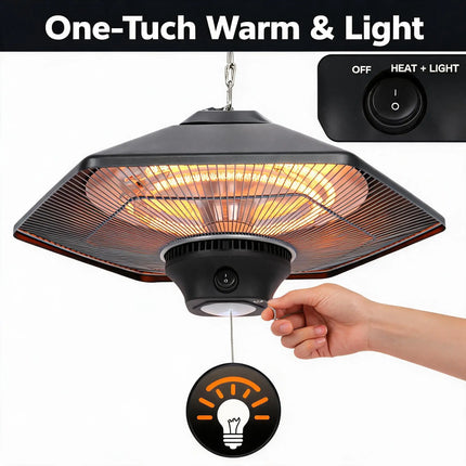 2000W Ceiling Patio Heater with LED Light, Dual Carbon Fiber Tube 3 Speed Adjustable Power Steel Shell Electric Infrared Heater, Touch & Remote Control, 50cm Hanging Chain for Outdoor Indoor Use