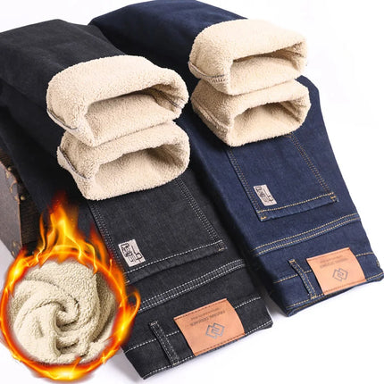 Winter Thermal Fleece Stretch Jeans Mens Business Casual Brand Fleece Pants Men Straight Flocking Thick Trousers Blue Black