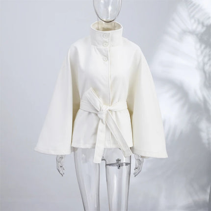 Elegant Women's Belt Short Woolen Coats Loose Stand Collar Single-breasted Long Sleeve Jacket 2026 Autumn Lady Commute Outwear