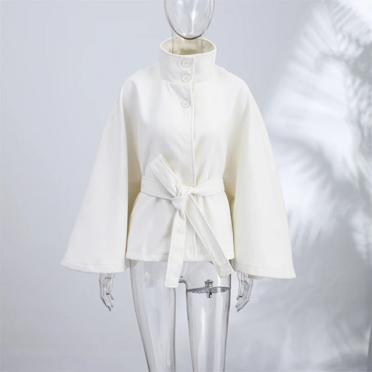 Elegant Women's Belt Short Woolen Coats Loose Stand Collar Single-breasted Long Sleeve Jacket 2026 Autumn Lady Commute Outwear