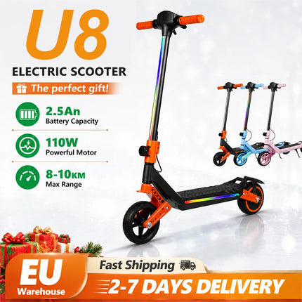 Monopattino elettrico per bambini, doppia sospensione, luci arcobaleno colorate e schermo LED, autonomia di 12 km, un regalo ideale per ragazzi e ragazze dai 6 anni in su.