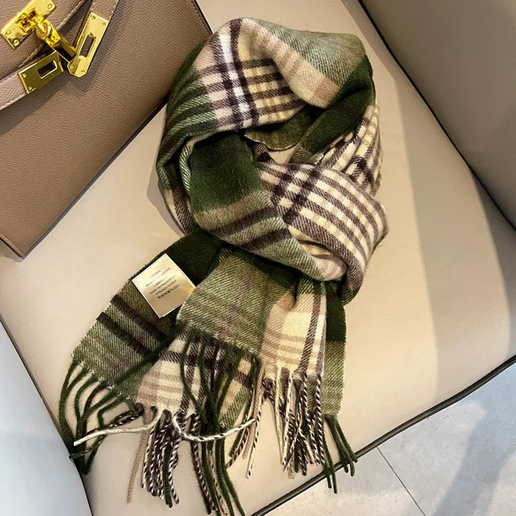 High Quality 100% Pure Wool Scarf Women Classic Chic  Autumn Winter Colorful Plaid Tassel Warm Muffler Female Thermal Shawl Lady
