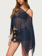 Top da donna sexy estivo lavorato a maglia con scollo obliquo, maniche a pipistrello, design irregolare, dettagli traforati e frange, vestibilità ampia, tinta unita platinumshop