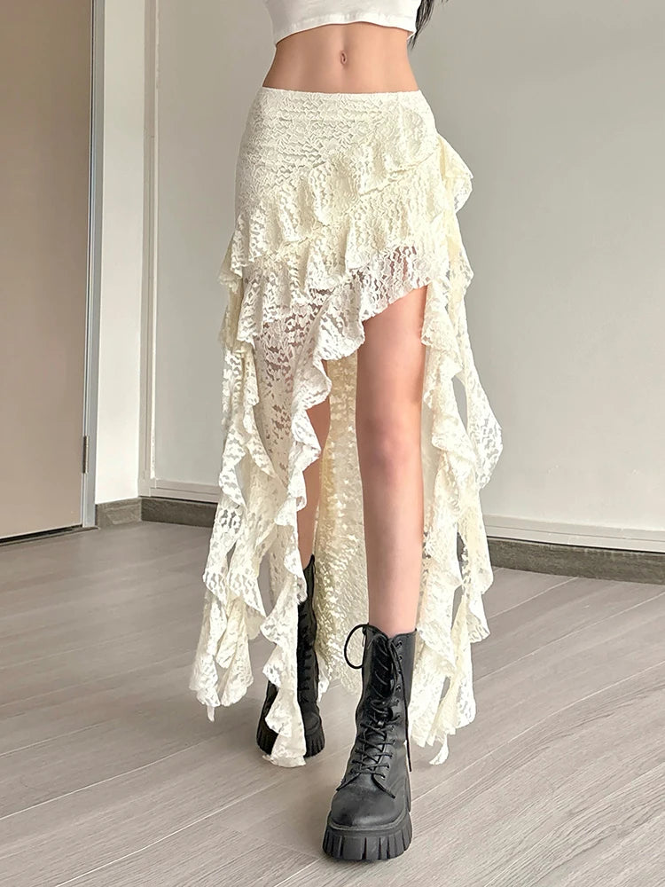 Nibber Nappe Gonne da donna Orlo irregolare Increspature multistrato Patchwork di pizzo Dolce tendenza estiva Pantaloni skinny versatili quotidiani