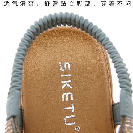 New 2026 Women's Summer Bohemian Style Sandals, Flip-Flop Design with Beaded and Rhinestone Buckle, Elastic Heel Strap, Comfortable Everyday Shoes