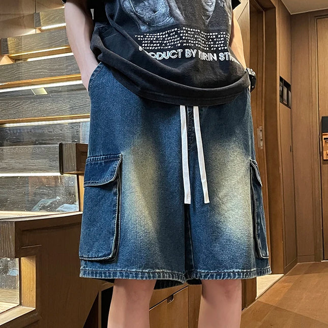 Pantalones cortos cargo de mezclilla para hombre, holgados, rectos, de moda, casuales, de pierna ancha, con bolsillos grandes, vaqueros cortos para vacaciones en la playa para hombre