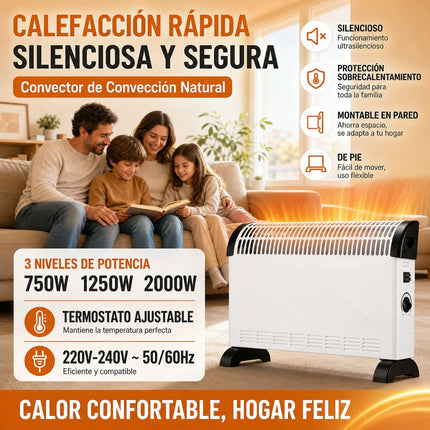 2000W Silent Electric Convector Radiator with 3 Power Levels, Adjustable Thermostat and Overheating Protection, Wall or Floor Heater for Home or Office