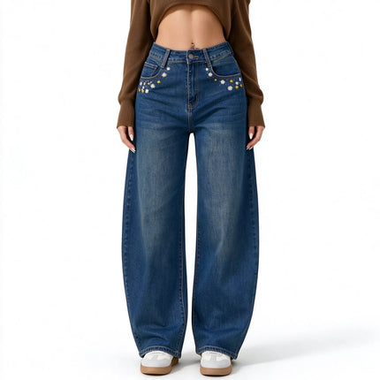 Women’s High-Waisted, Wide-Leg Jeans with Daisy Embroidery on the Pockets, Vintage Blue Denim with Faded Wash, Soft Casual Trousers for Everyday Wear  JF-593