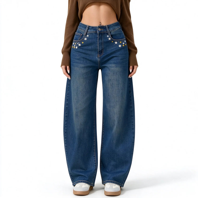 Women’s High-Waisted, Wide-Leg Jeans with Daisy Embroidery on the Pockets, Vintage Blue Denim with Faded Wash, Soft Casual Trousers for Everyday Wear  JF-593
