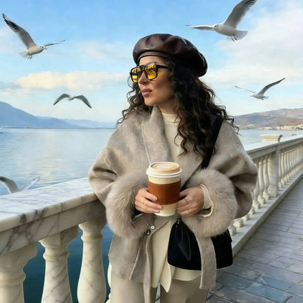 UCXQ Elegant OL Office Lady Overcoats Fur Patchwork Long Sleeve Woolen Coat Beautiful Women's Clothing Jacket Autumn 2025 Winter