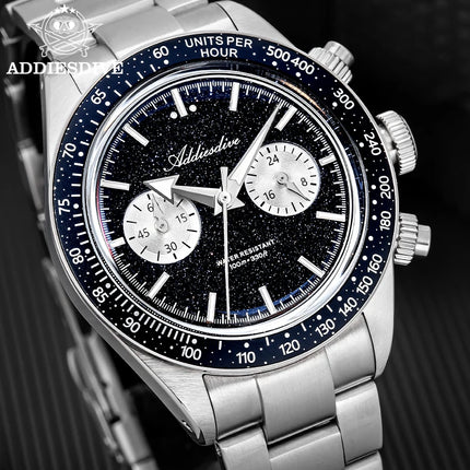 ADDIESDIVE Luxury Mens Watch New AD2558 VK64 Quartz Chronograph Stainless Steel Blue Sandstone Dial Luminous 100M Waterproof