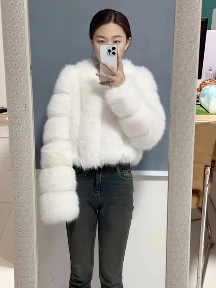 ZADORIN Luxury Cropped White Faux Fox Fur Coat Woman Clothing V Neck Long Sleeve Winter Fluffy Faux Fur Jacket Fur Coats Woman