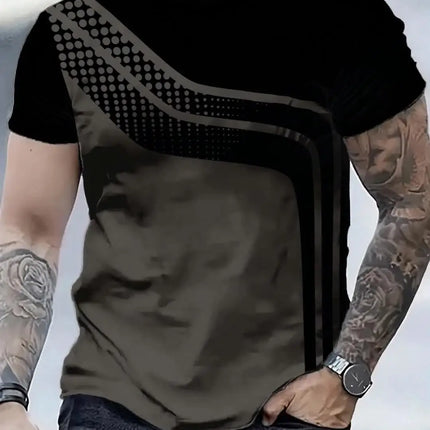 Men's Fashion Digital Print Short Sleeve T-Shirt in Black and Grey Stripes - Breathable Short Sleeve T-Shirt in Breathable Polyester