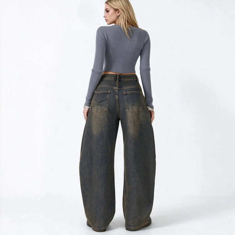 Women’s High-Waisted Wide-Leg Curved Jeans, Rust-Brown Vintage-Wash Denim with Vertical Stitching and Front Pockets, Casual Retro-Style Trousers for Everyday Wear  YW-1855