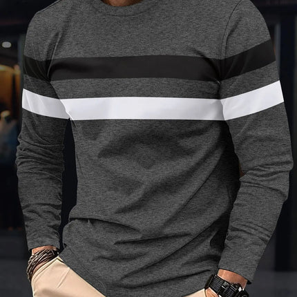2025 Autumn/Winter Fashion Men's Long Sleeve Round Neck Splicing T-shirt Business Anti Wrinkle Street Wear Casual Top PlatiNum