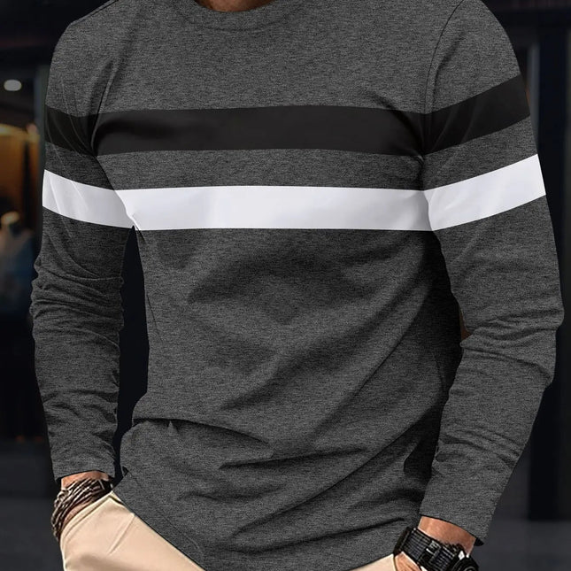2025 Autumn/Winter Fashion Men's Long Sleeve Round Neck Splicing T-shirt Business Anti Wrinkle Street Wear Casual Top PlatiNum